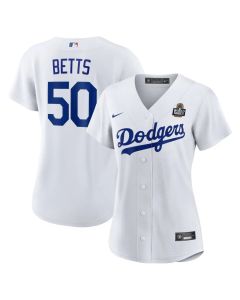 Women's Los Angeles Dodgers #50 Mookie Betts White 2024 World Series Home Home Replica Jersey (White)
