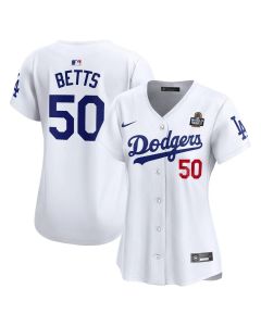 Women's Los Angeles Dodgers #50 Mookie Betts White 2024 World Series Home Limited Player Jersey (White)
