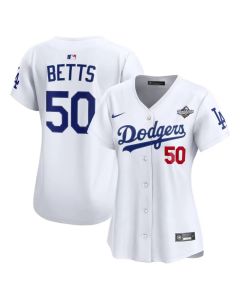 Women's Los Angeles Dodgers #50 Mookie Betts White 2025 World Series Home Limited Jersey (White)