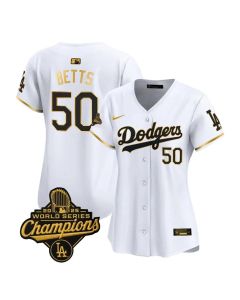 Women's Los Angeles Dodgers #50 Mookie Betts White Golden 2025 World Series Champions Home Limited Jersey (White)