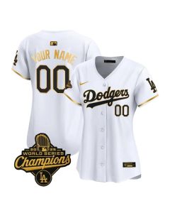 Women's Los Angeles Dodgers Custom White Golden 2025 World Series Champions Home Limited Jersey (White)