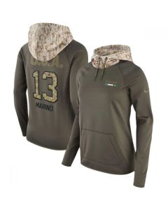 Women's Miami Dolphins #13 Dan Marino Olive Salute to Service Sideline Therma Pullover Hoodie