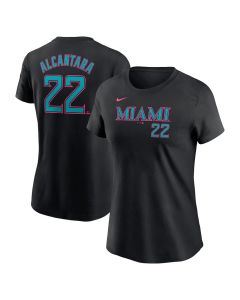 Women's Miami Marlins #22 Sandy Alcantara Black 2025 City Connect Fuse Name & Number T-Shirt