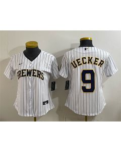 Women's Milwaukee Brewers #9 Bob Uecker White Cool Base Stitched Jersey (White)