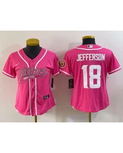 Women's Minnesota Vikings #18 Justin Jefferson Pink With Patch Cool Base Stitched Baseball Jersey(Run Small)