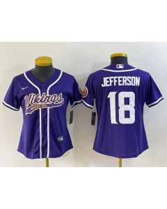 Women's Minnesota Vikings #18 Justin Jefferson Purple With Patch Cool Base Stitched Baseball Jersey(Run Small)