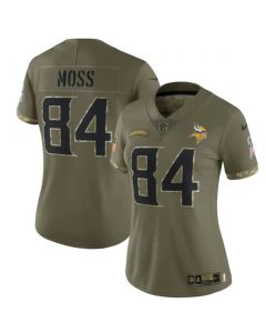 Women's Minnesota Vikings #84 Randy Moss 2022 Olive Salute To Service Limited Stitched Jersey(Run Small)