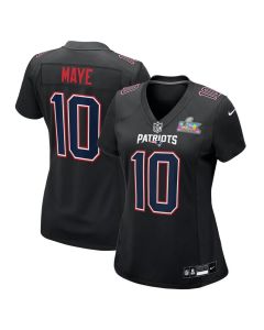 Women's New England Patriots #10 Drake Maye Black Super Bowl LX Patch Carbon Fashion Game Jersey
