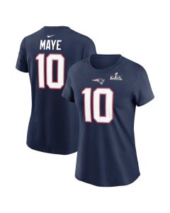 Women's New England Patriots #10 Drake Maye Navy Super Bowl LX Patch Name & Number T-Shirt