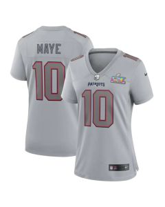 Women's New England Patriots #10 Drake Maye Silver Super Bowl LX Patch Atmosphere Fashion Game Jersey (Silver)