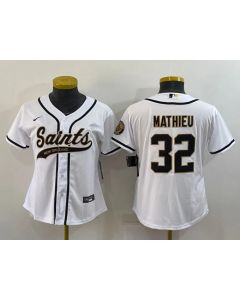 Women's New Orleans Saints #32 Tyrann Mathieu White With Patch Cool Base Stitched Baseball Jersey(Run Small)