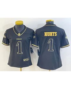 Women's Philadelphia Eagles #1 Jalen Hurts Black Golden Edition Stitched Football Jersey(Run Small)