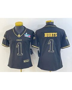 Women's Philadelphia Eagles #1 Jalen Hurts Black Golden Edition Super Bowl LVII Patch Stitched Football Jersey(Run Small)