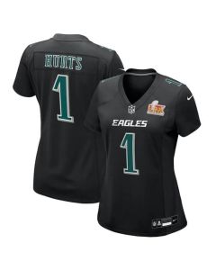 Women's Philadelphia Eagles #1 Jalen Hurts Carbon Black Super Bowl LIX Fashion Game Player Jersey