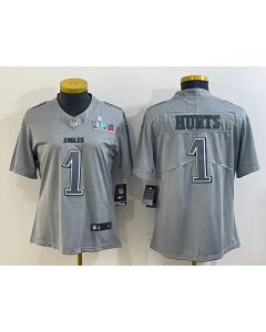 Women's Philadelphia Eagles #1 Jalen Hurts Gray Super Bowl LVII Patch Atmosphere Fashion Stitched Jersey(Run Small)