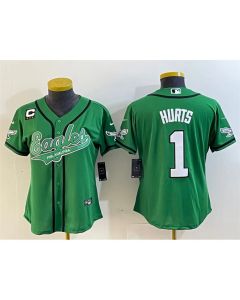 Women's Philadelphia Eagles #1 Jalen Hurts Green With 3-Star C Patch Cool Base Stitched Baseball Jersey(Run Small)
