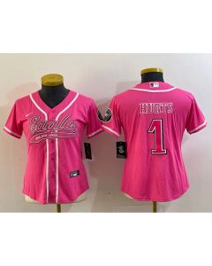 Women's Philadelphia Eagles #1 Jalen Hurts Pink Cool Base Stitched Baseball Jersey(Run Small)