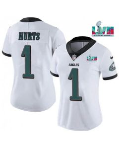 Women's Philadelphia Eagles #1 Jalen Hurts White Super Bolw LVII Patch Vapor Untouchable Limited Stitched Football Jersey(Run Small)