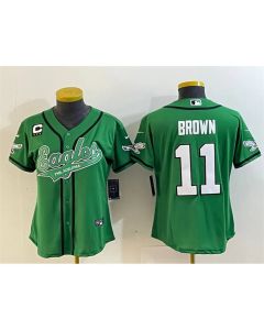 Women's Philadelphia Eagles #11 A. J. Brown Green With 3-Star C Patch Cool Base Stitched Baseball Jersey(Run Small)