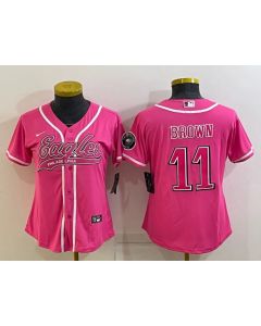Women's Philadelphia Eagles #11 A. J. Brown Pink With Patch Cool Base Stitched Baseball Jersey(Run Small)