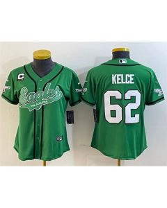 Women's Philadelphia Eagles #62 Jason Kelce Green With 4-Star C Patch Cool Base Stitched Baseball Jersey(Run Small)
