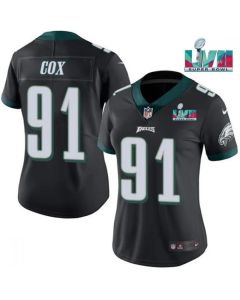 Women's Philadelphia Eagles #91 Fletcher Cox Black Super Bolw LVII Patch Vapor Untouchable Limited Stitched Football Jersey(Run Small)