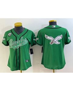 Women's Philadelphia Eagles Green Team Big Logo With 3-Star C Patch Cool Base Stitched Baseball Jersey(Run Small) (Green)