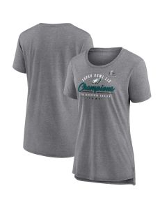 Women's Philadelphia Eagles Heather Gray Super Bowl LIX Champions Prestigious Run Tri-Blend Scoop Neck T-Shirt (Gray)
