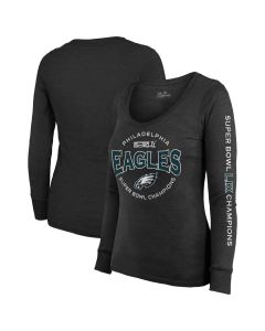 Women's Philadelphia Eagles Threads Black Super Bowl LIX Champions Highlight Tri-Blend Scoop Neck Long Sleeve T-Shirt (Black)
