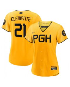 Women's Pittsburgh Pirates #21 Roberto Clemente Gold 2023 Draft City Connect Stitched Jersey