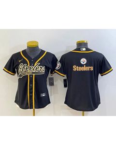 Women's Pittsburgh Steelers Black Team Big Logo With Patch Cool Base Stitched Baseball Jersey(Run Small)