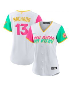 Women's San Diego Padres #13 Manny Machado 2022 White City Connect Cool Base Stitched Baseball Jersey(Run Small)