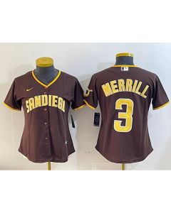 Women's San Diego Padres #3 Jackson Merrill Brown Stitched Baseball Jersey(Run Small) (Brown)