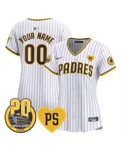 Women's San Diego Padres White "For Peter" And Petco Park 20th Patch Limited Stitched Custom Jersey (White)