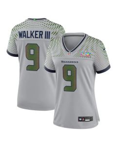 Women's Seattle Seahawks #9 Kenneth Walker III Gray Super Bowl LX Rivalries Collection Game Stitched Jersey (Gray)