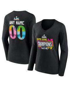 Women's Seattle Seahawks Black Super Bowl LX Champions Custom Long Sleeve V-Neck T-Shirt (Black)