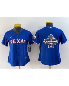 Women's Texas Rangers Royal 2023 World Series Champions Big Logo With Patch Stitched Baseball Jersey(Run Small) (Royal)