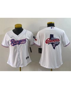 Women's Texas Rangers White 2023 World Series Champions Big Logo With Patch Stitched Baseball Jersey(Run Small)