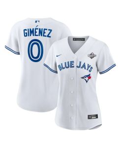 Women's Toronto Blue Jays #0 Andres Gimenez 2025 World Series White Home Replica Jersey (Blue White)