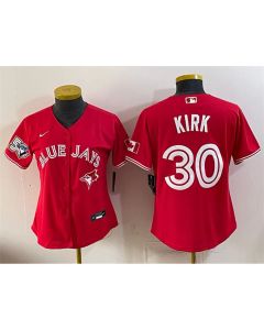 Women's Toronto Blue Jays #30 Alejandro Kirk Red 50 Seasons Patch Baseball Jersey (Red Blue)