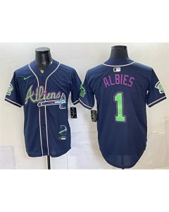 Youth Atlanta Braves #1 Ozzie Albies Navy Galaxy With Outkast Patch Vapor Limited Baseball Jersey (Navy)