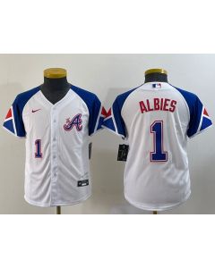 Youth Atlanta Braves #1 Ozzie Albies White 2023 City Connect With Patch Stitched Baseball Jersey