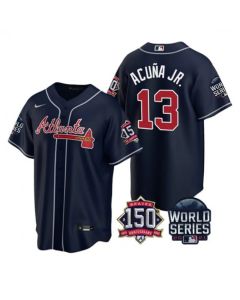 Youth Atlanta Braves #13 Ronald Acuna Jr 2021 Navy World Series Champions With 150th Anniversary Cool Base Stitched Jersey