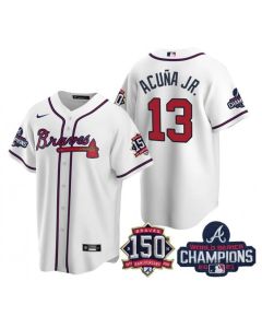Youth Atlanta Braves #13 Ronald Acuna Jr 2021 White World Series Champions With 150th Anniversary Cool Base Stitched Jersey