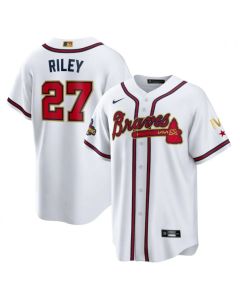 Youth Atlanta Braves #27 Austin Riley 2022 White/Gold World Series Champions Program Cool Base Stitched Jersey