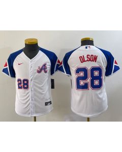 Youth Atlanta Braves #28 Matt Olson White 2023 City Connect With Patch Stitched Baseball Jersey