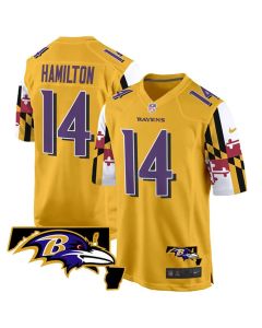 Youth Baltimore Ravens #14 Kyle Hamilton Gold 2025 Maryland Flag Vapor Limited Football Game Jersey