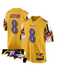 Youth Baltimore Ravens #8 Lamar Jackson Gold 2025 Maryland Flag Vapor Limited Football Game Jersey