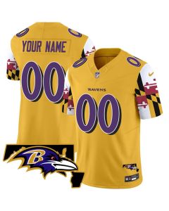 Youth Baltimore Ravens Active Player Custom Gold 2025 F.U.S.E. Maryland Flag V2 Vapor Limited Football Jersey