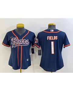 Youth Chicago Bears #1 Justin Fields Navy With Patch Cool Base Stitched Baseball Jersey